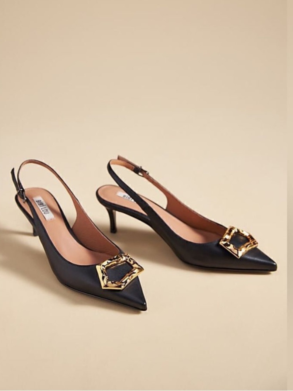 Bibi Lou anthropology Slingback Pointed-Toe Kitten Heel Pumps with Gold Buckle